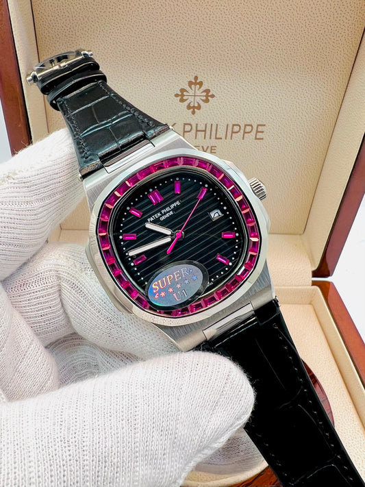 Luxury Sapphire Bezel Timepiece – Black Dial with Pink Accents