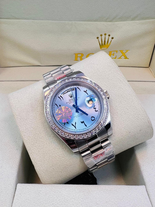 Luxury Rolex Ice Blue Dial Watch with Arabic Numerals