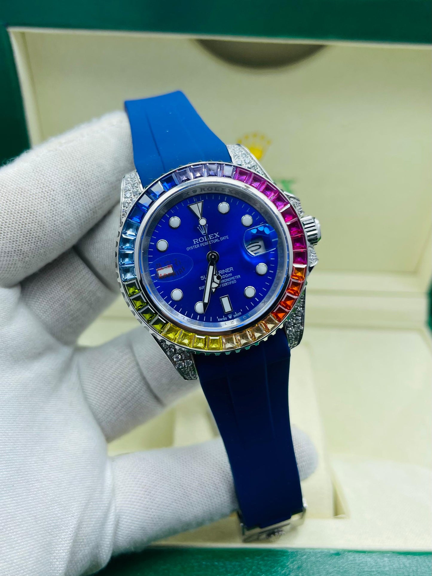 Luxury Rolex Submariner Blue Dial Rainbow Bezel – Premium Timepiece