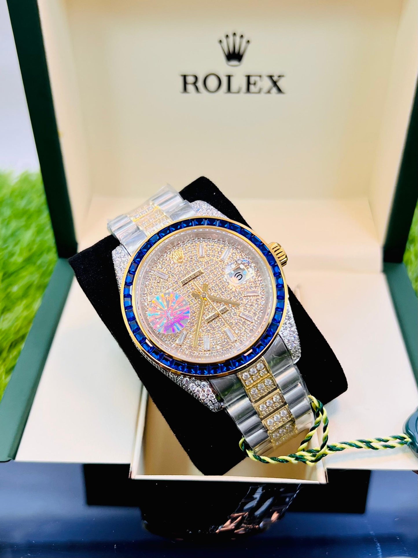 Luxury Iced Out Rolex Watch – Blue Bezel & Diamond Detailing