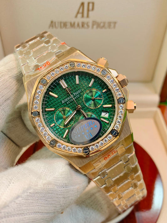 Luxury AP-Inspired Gold Watch – Emerald Green Dial with Diamond Bezel