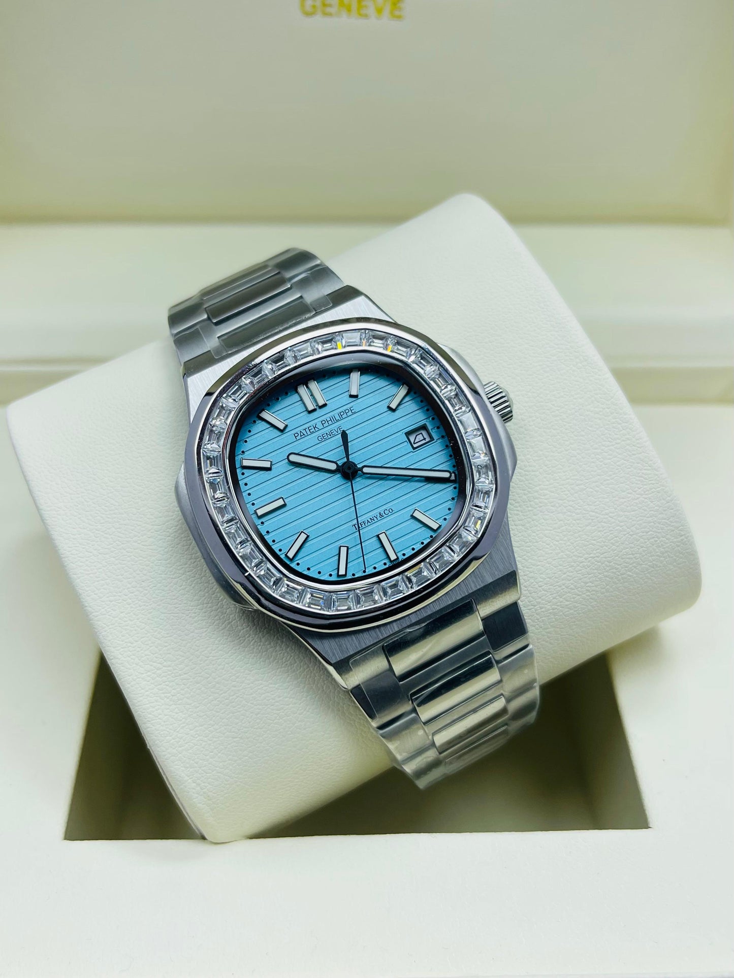 Luxury Patek-Inspired Silver Watch – Tiffany Blue Dial with Diamond Bezel